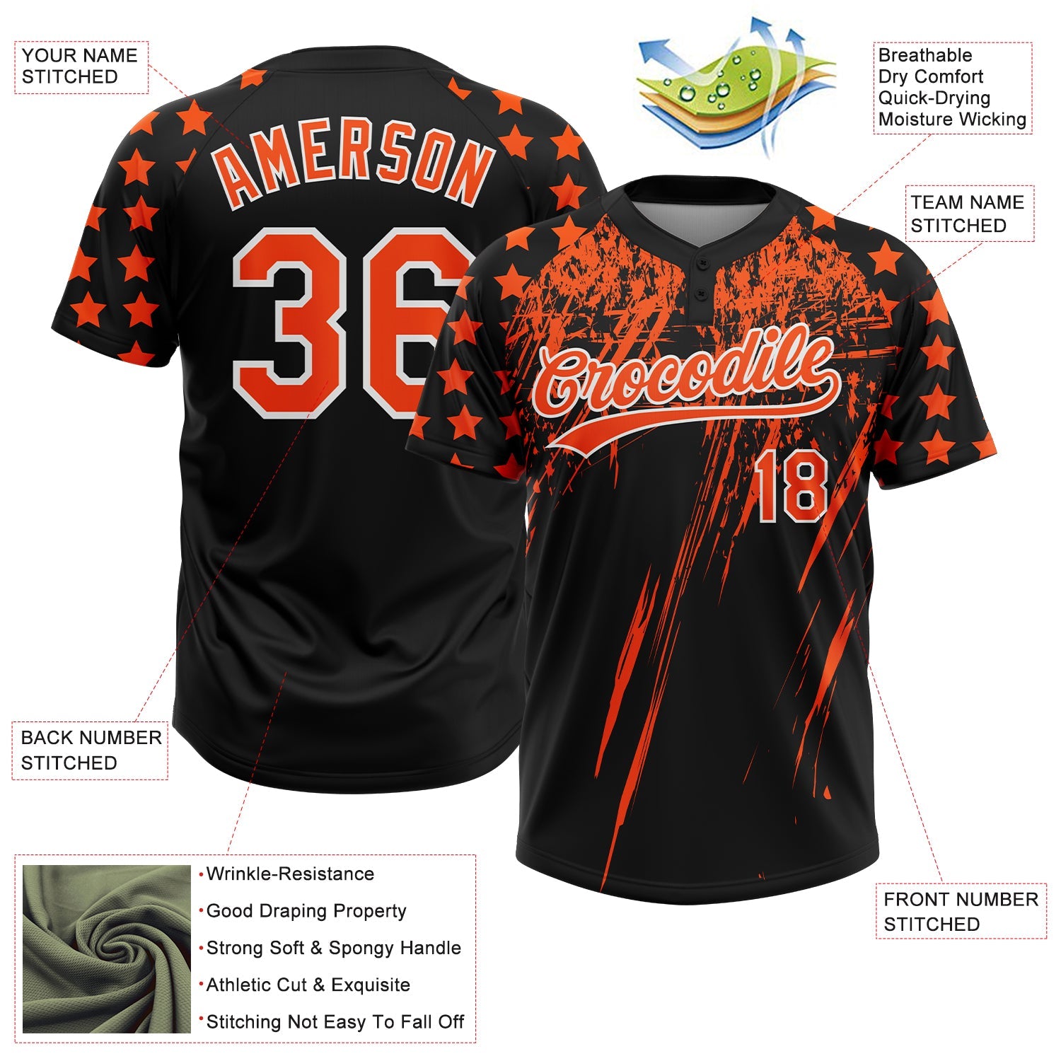 Custom Black Orange-White Distressed Scratch Brush Stroke Star Raglan Sleeves Two-Button Unisex Softball Jersey