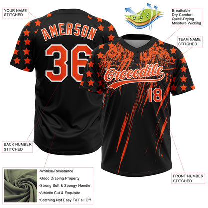 Custom Black Orange-White Distressed Scratch Brush Stroke Star Raglan Sleeves Two-Button Unisex Softball Jersey