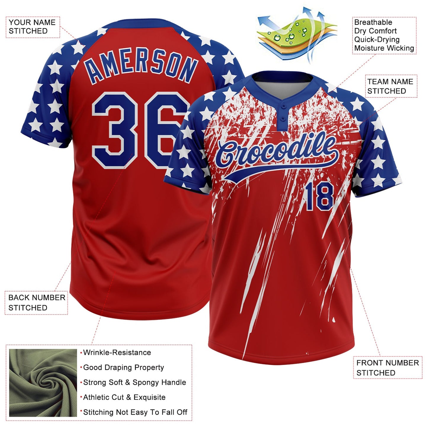 Custom Red Royal-White Distressed Scratch Brush Stroke Star Raglan Sleeves Two-Button Unisex Softball Jersey