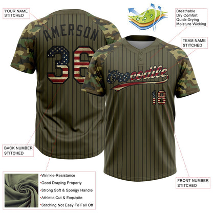 Custom Olive Black Pinstripe Vintage USA Flag Salute To Service Camo Raglan Sleeves Two-Button Unisex Softball Jersey