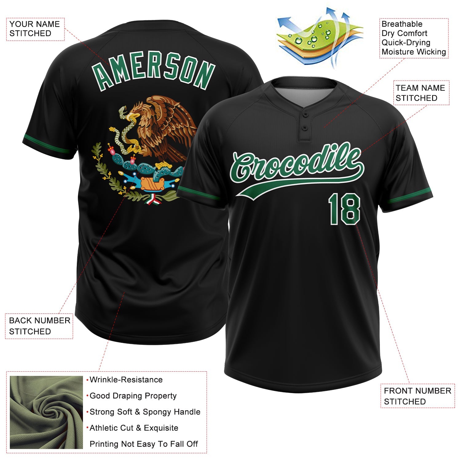 Custom Black Kelly Green-White Mexico Two-Button Unisex Softball Jersey