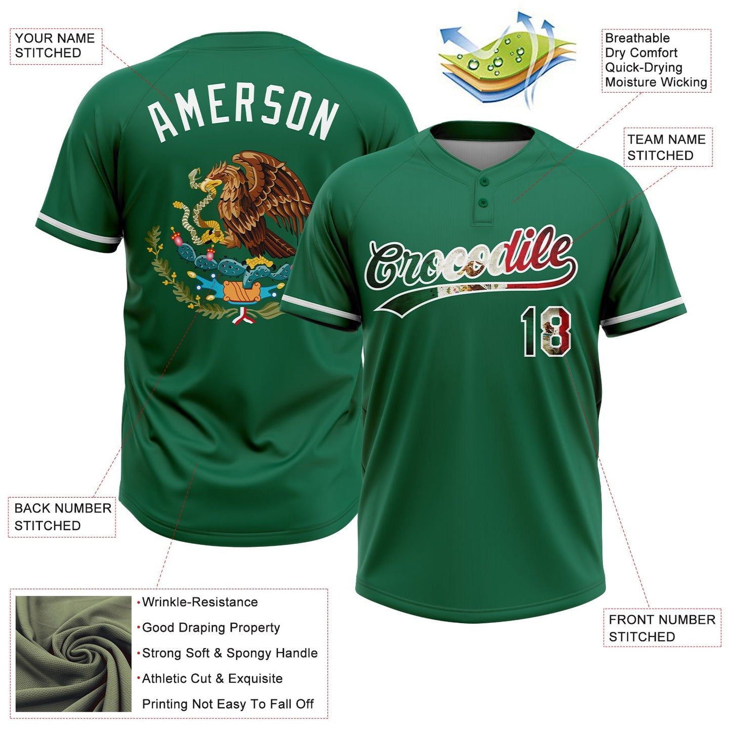 Custom Kelly Green Vintage Mexican Flag-White Mexico Two-Button Unisex Softball Jersey