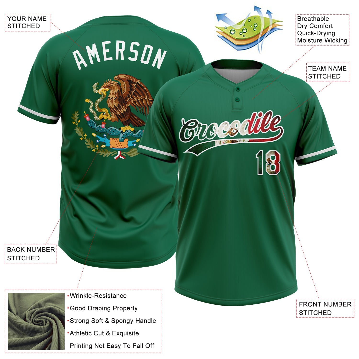 Custom Kelly Green Vintage Mexican Flag-White Mexico Two-Button Unisex Softball Jersey