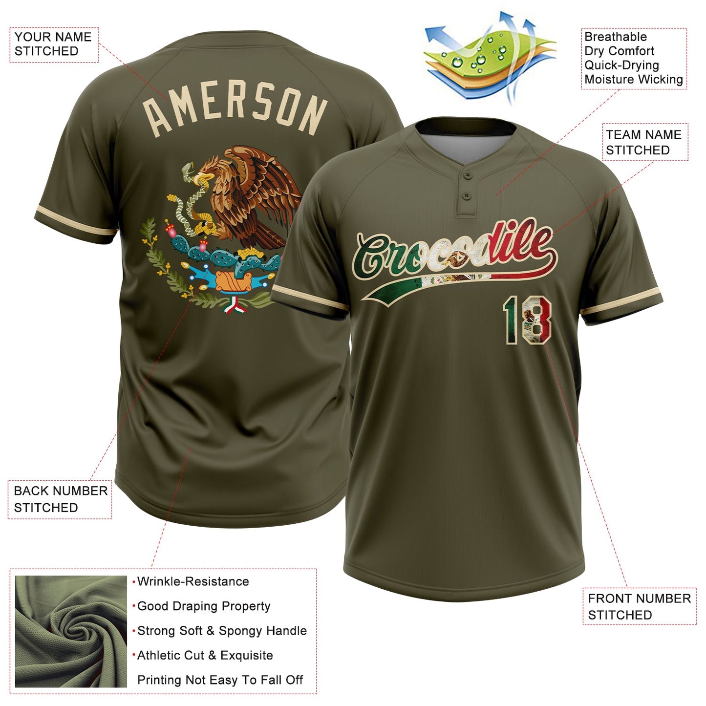 Custom Olive Vintage Mexican Flag-Cream Mexico Performance Salute To Service Two-Button Unisex Softball Jersey