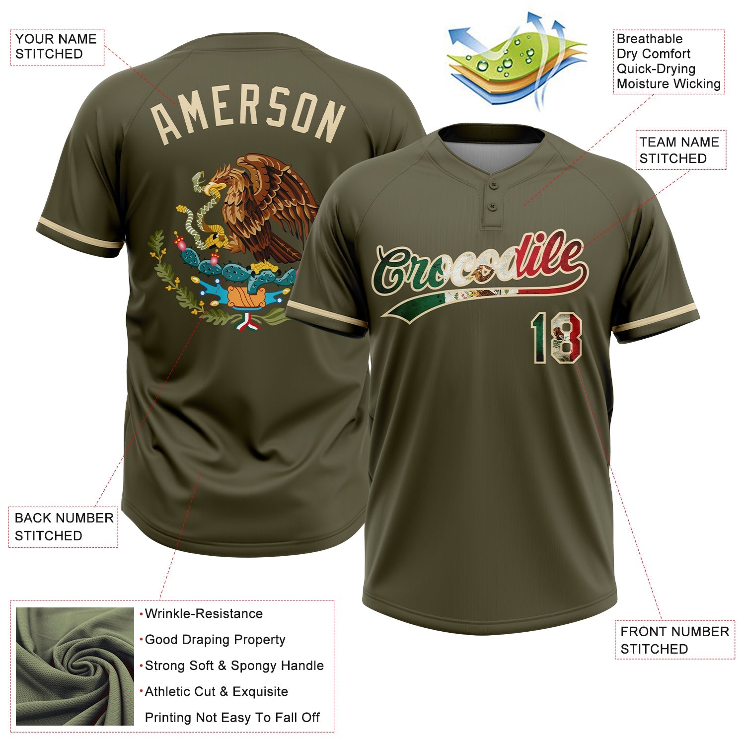 Custom Olive Vintage Mexican Flag-Cream Mexico Performance Salute To Service Two-Button Unisex Softball Jersey