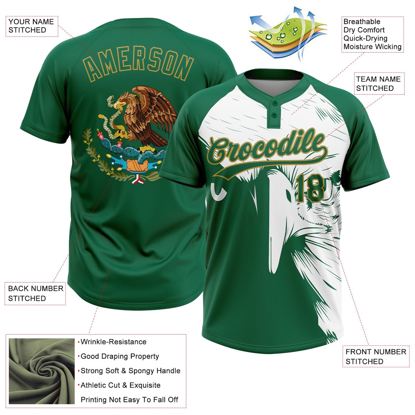 Custom Kelly Green Old Gold-White Mexico Two-Button Unisex Softball Jersey