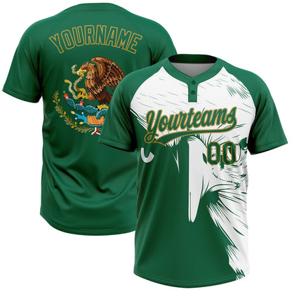 Custom Kelly Green Old Gold-White Mexico Two-Button Unisex Softball Jersey