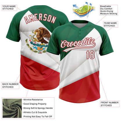 Custom Kelly Green White-Red Mexico Two-Button Unisex Softball Jersey