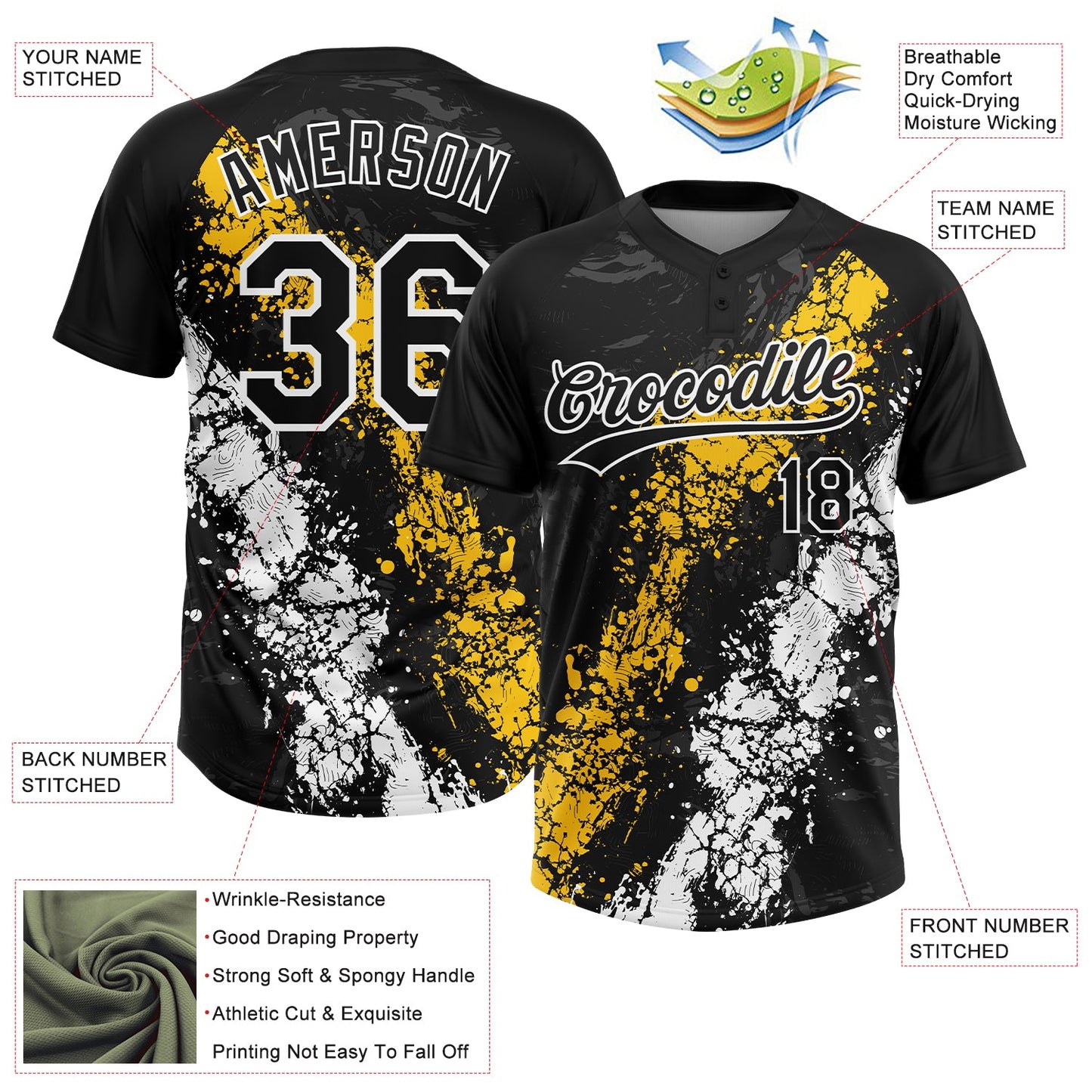 Custom Black Yellow-White Dripping Splatter Cracked Texture Two-Button Unisex Softball Jersey