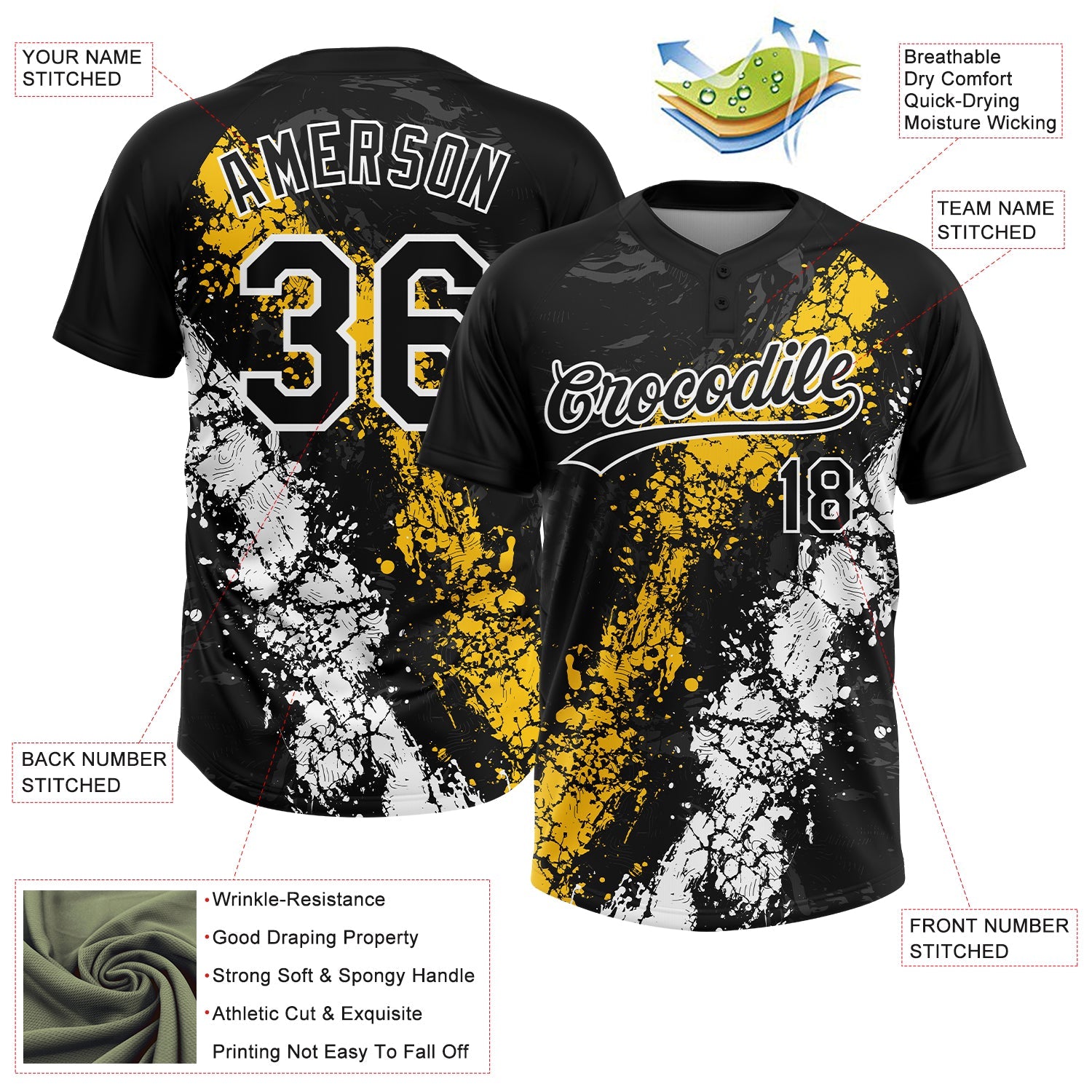 Custom Black Yellow-White Dripping Splatter Cracked Texture Two-Button Unisex Softball Jersey