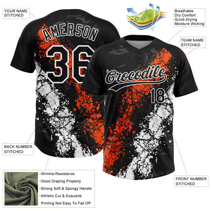 Custom Black Orange-White Dripping Splatter Cracked Texture Two-Button Unisex Softball Jersey