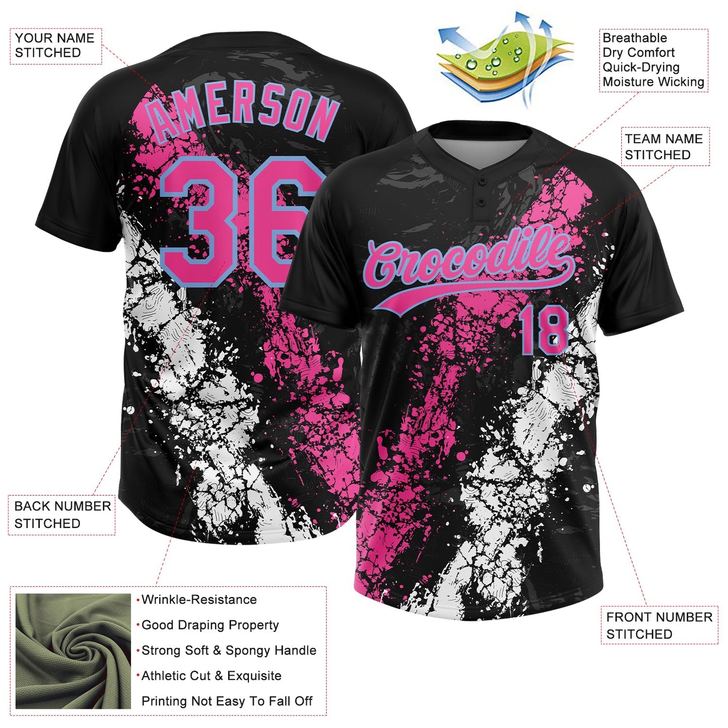 Custom Black Pink White-Light Blue Dripping Splatter Cracked Texture Two-Button Unisex Softball Jersey