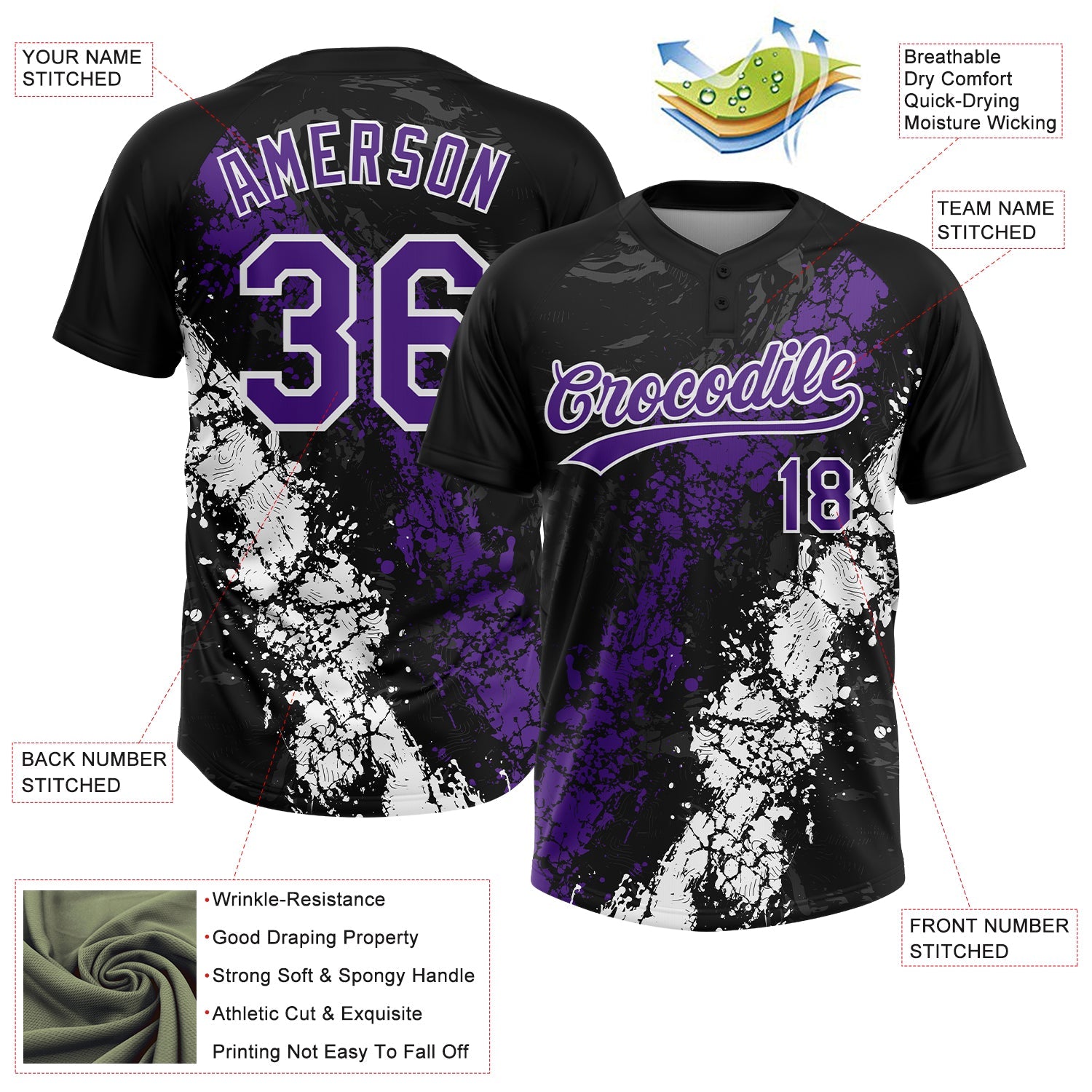 Custom Black Purple-White Dripping Splatter Cracked Texture Two-Button Unisex Softball Jersey