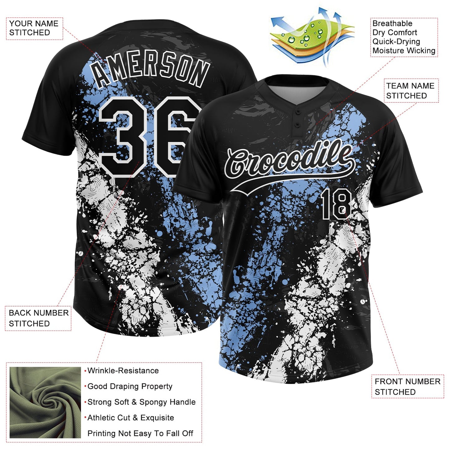 Custom Black Light Blue-White Dripping Splatter Cracked Texture Two-Button Unisex Softball Jersey