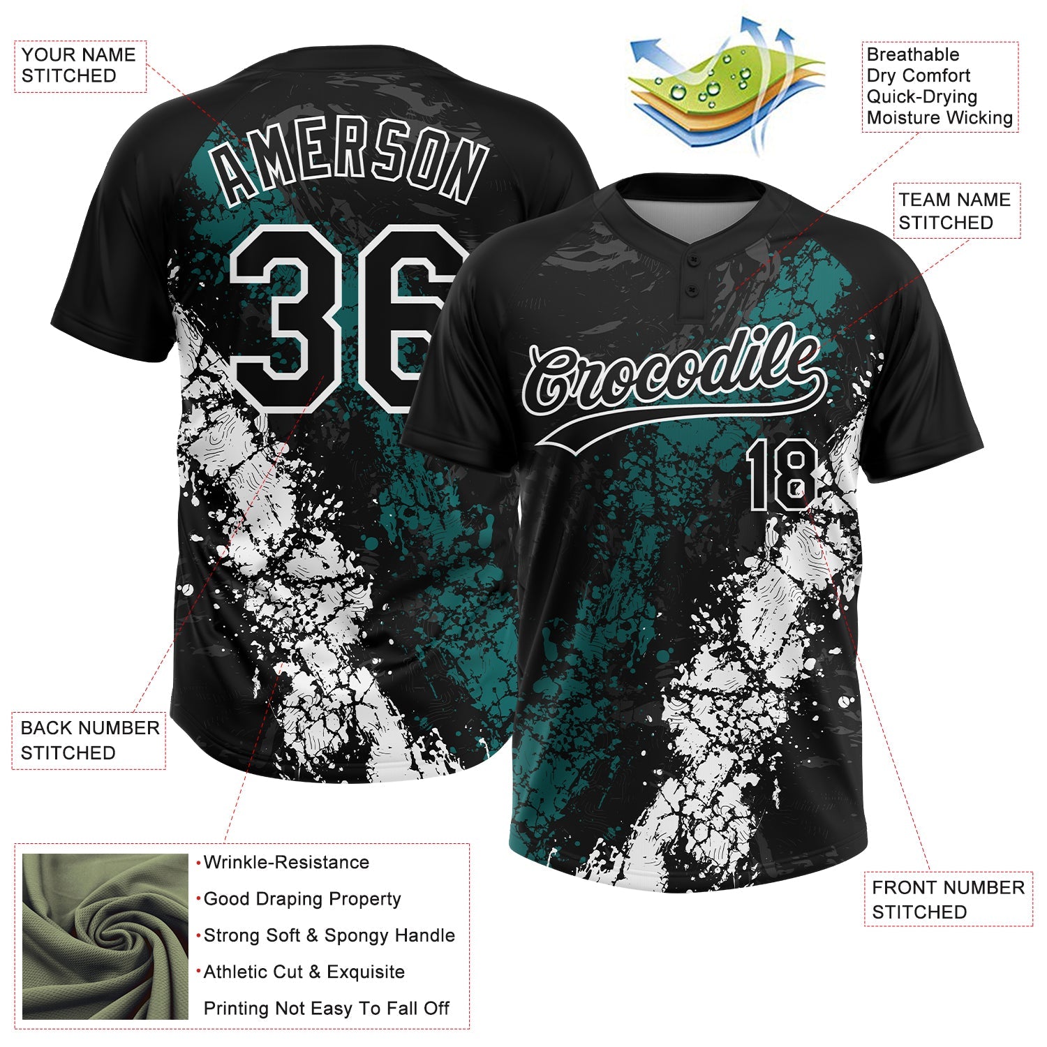 Custom Black Teal-White Dripping Splatter Cracked Texture Two-Button Unisex Softball Jersey