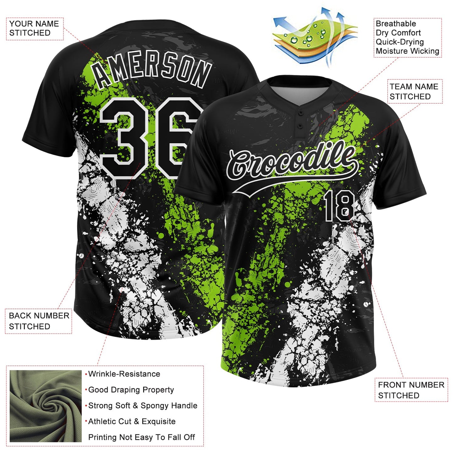 Custom Black Neon Green-White Dripping Splatter Cracked Texture Two-Button Unisex Softball Jersey