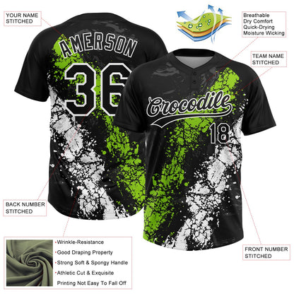Custom Black Neon Green-White Dripping Splatter Cracked Texture Two-Button Unisex Softball Jersey