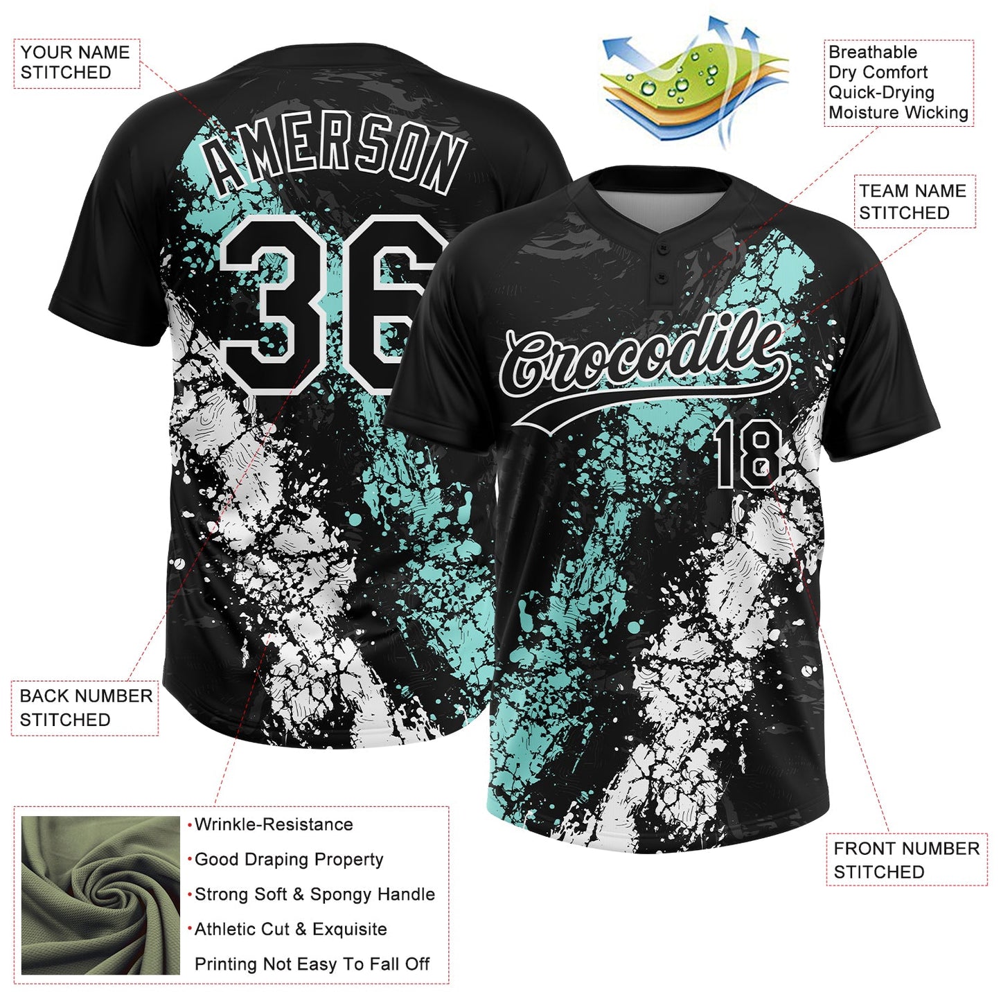 Custom Black Ice Blue-White Dripping Splatter Cracked Texture Two-Button Unisex Softball Jersey
