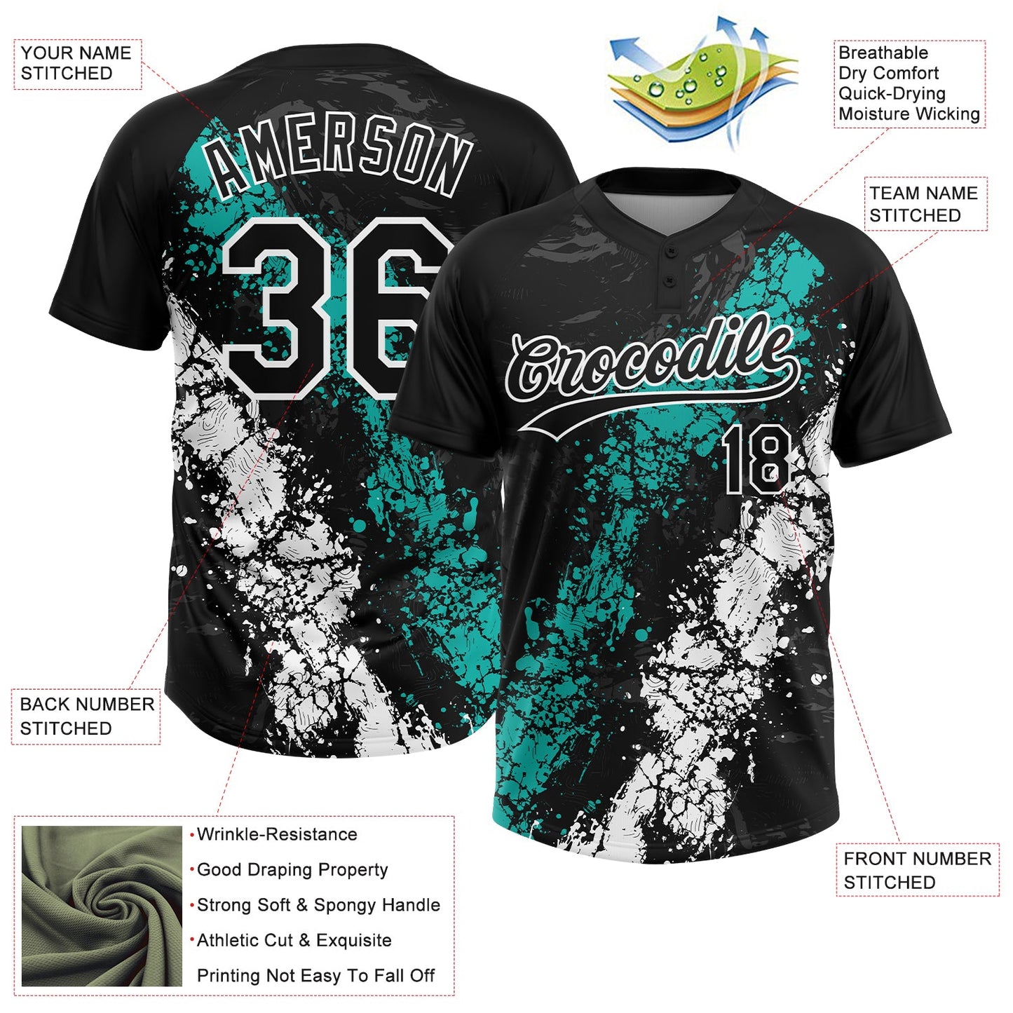 Custom Black Aqua-White Dripping Splatter Cracked Texture Two-Button Unisex Softball Jersey