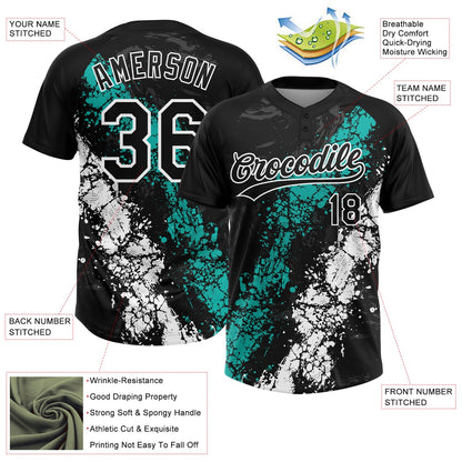 Custom Black Aqua-White Dripping Splatter Cracked Texture Two-Button Unisex Softball Jersey