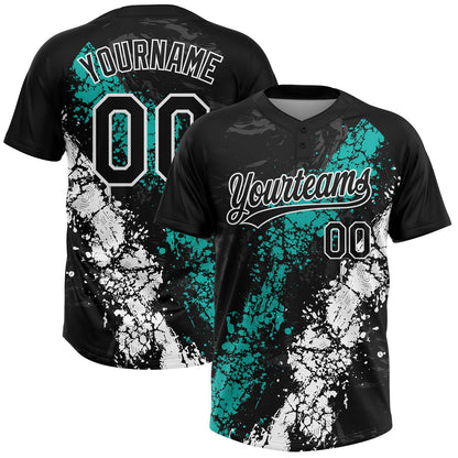 Custom Black Aqua-White Dripping Splatter Cracked Texture Two-Button Unisex Softball Jersey