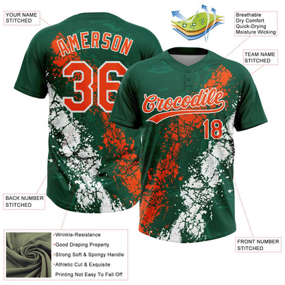 Custom Kelly Green Orange-White Dripping Splatter Cracked Texture Two-Button Unisex Softball Jersey
