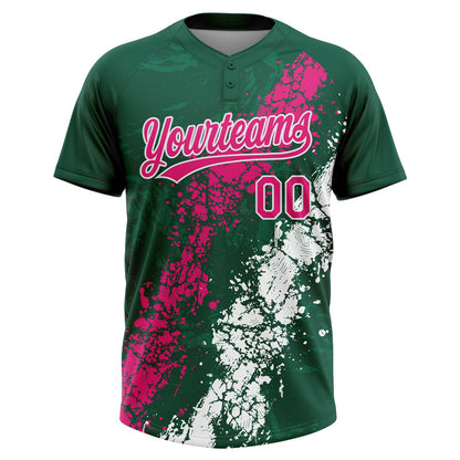 Custom Kelly Green Hot Pink-White Dripping Splatter Cracked Texture Two-Button Unisex Softball Jersey
