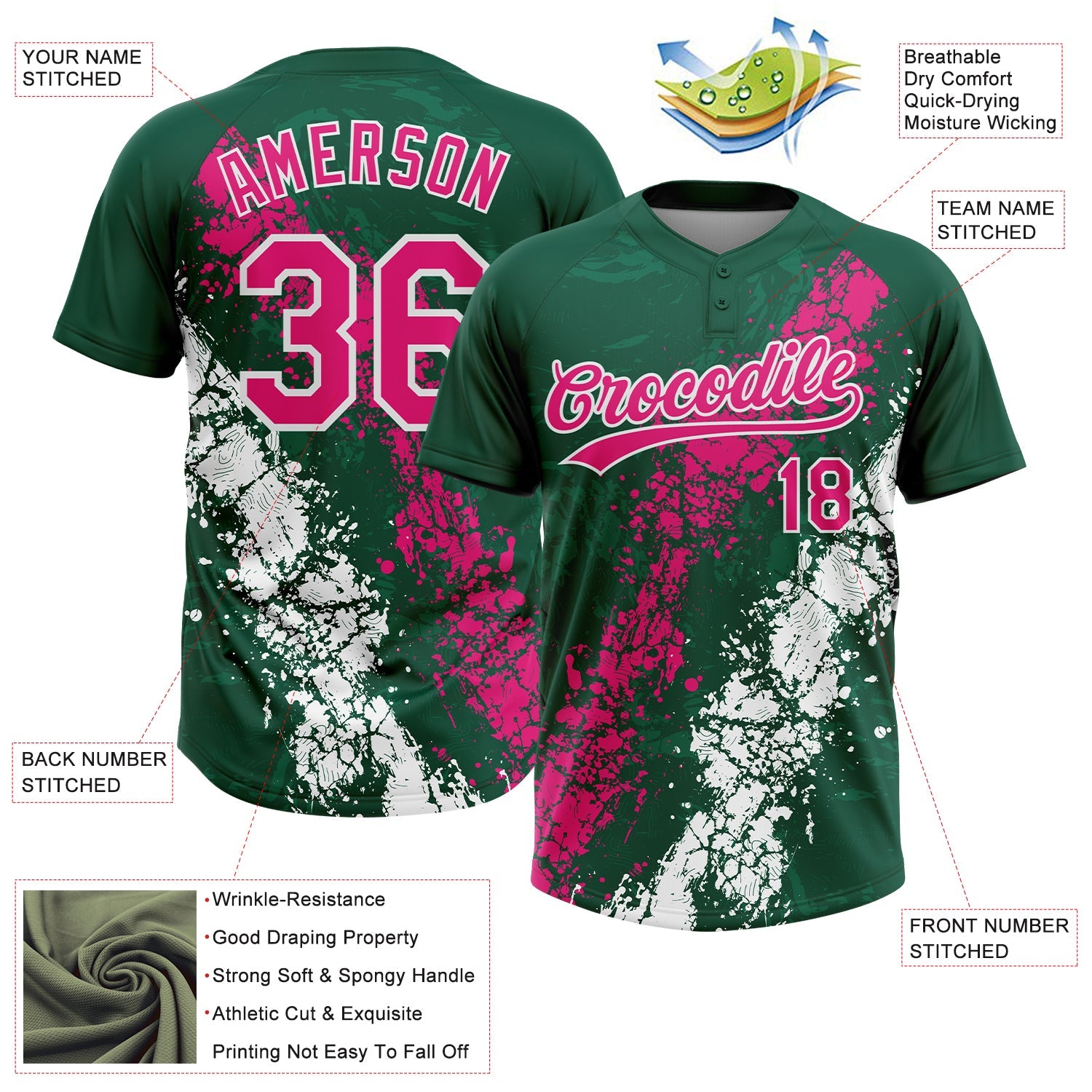 Custom Kelly Green Hot Pink-White Dripping Splatter Cracked Texture Two-Button Unisex Softball Jersey