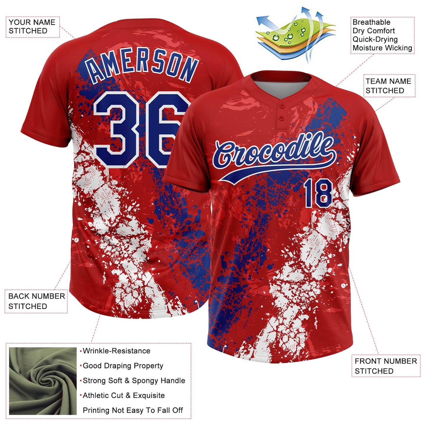 Custom Red Royal-White Dripping Splatter Cracked Texture Two-Button Unisex Softball Jersey