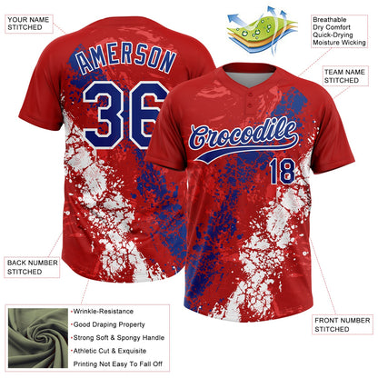 Custom Red Royal-White Dripping Splatter Cracked Texture Two-Button Unisex Softball Jersey