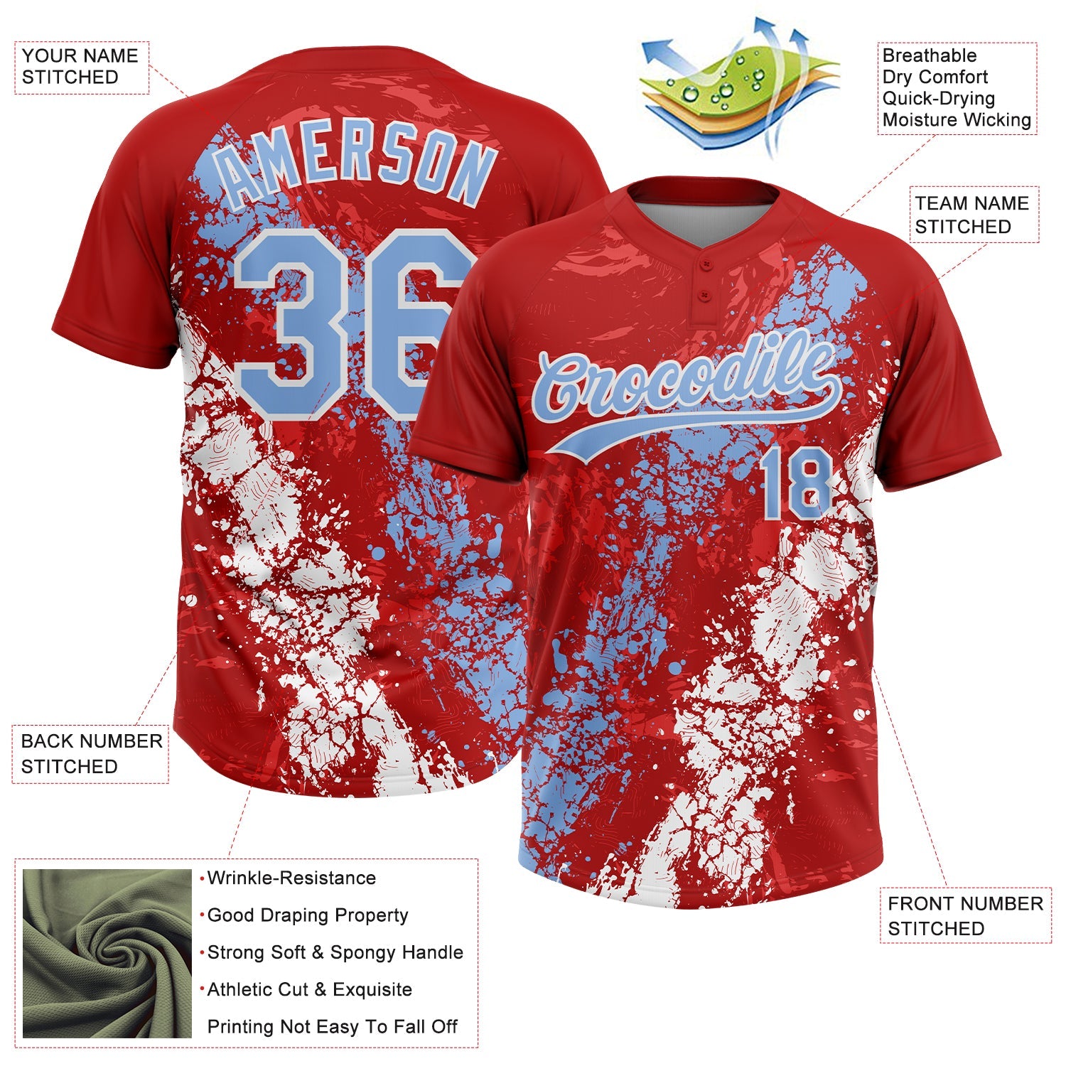 Custom Red Light Blue-White Dripping Splatter Cracked Texture Two-Button Unisex Softball Jersey