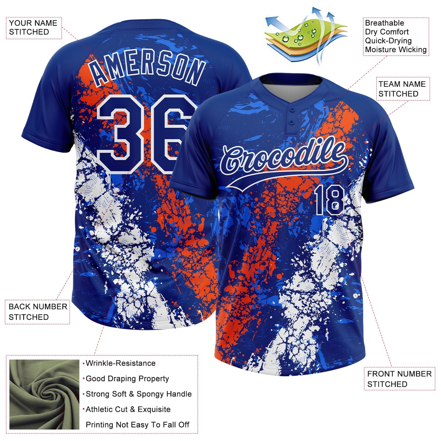 Custom Royal Orange-White Dripping Splatter Cracked Texture Two-Button Unisex Softball Jersey
