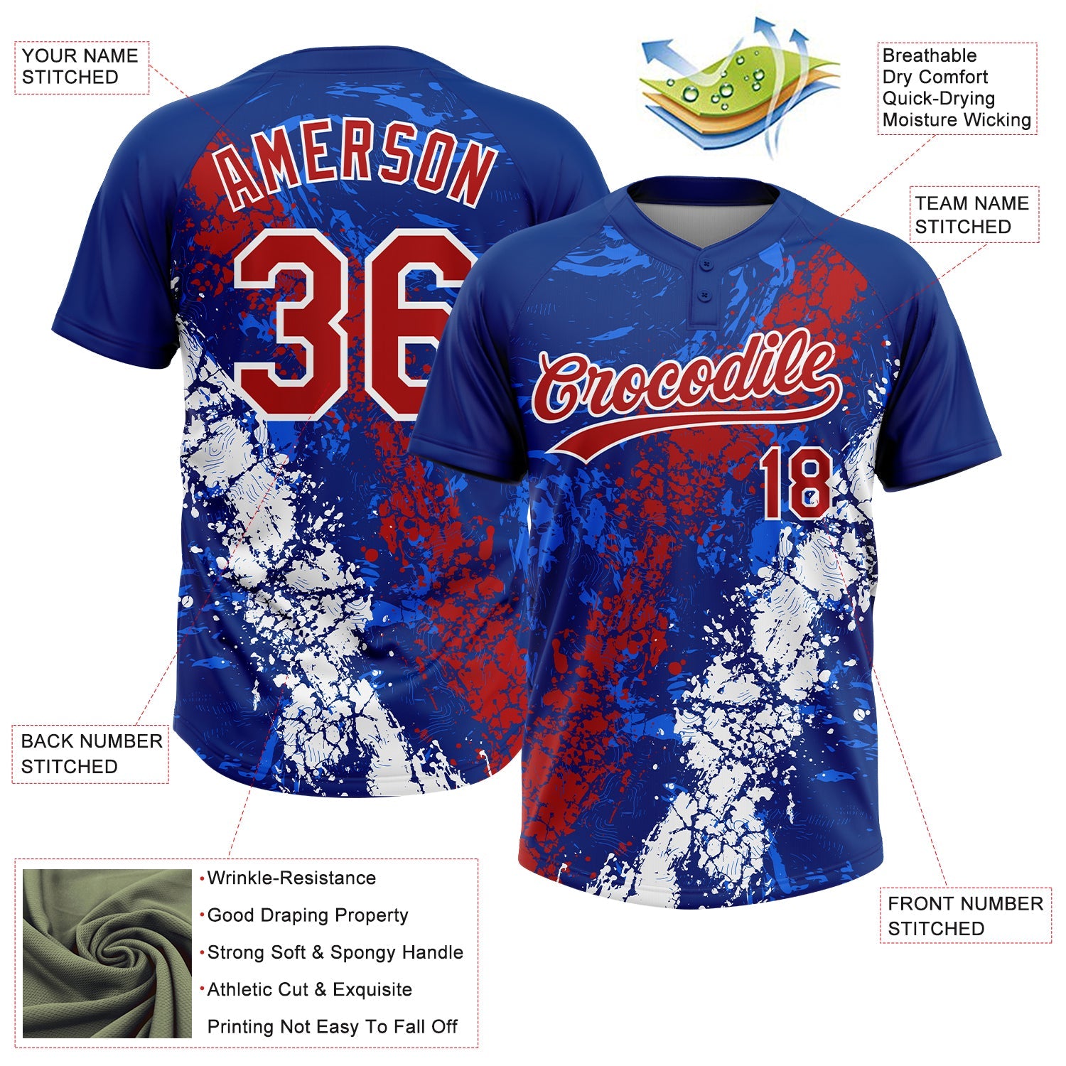 Custom Royal Red-White Dripping Splatter Cracked Texture Two-Button Unisex Softball Jersey