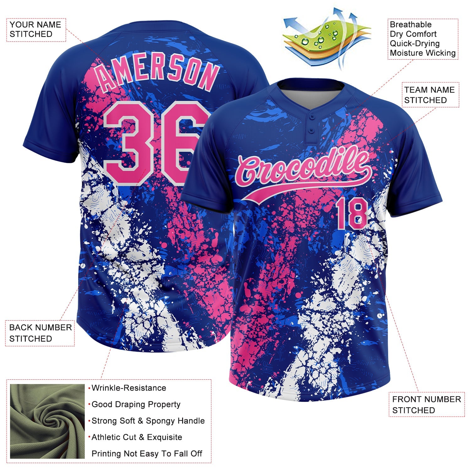 Custom Royal Pink-White Dripping Splatter Cracked Texture Two-Button Unisex Softball Jersey