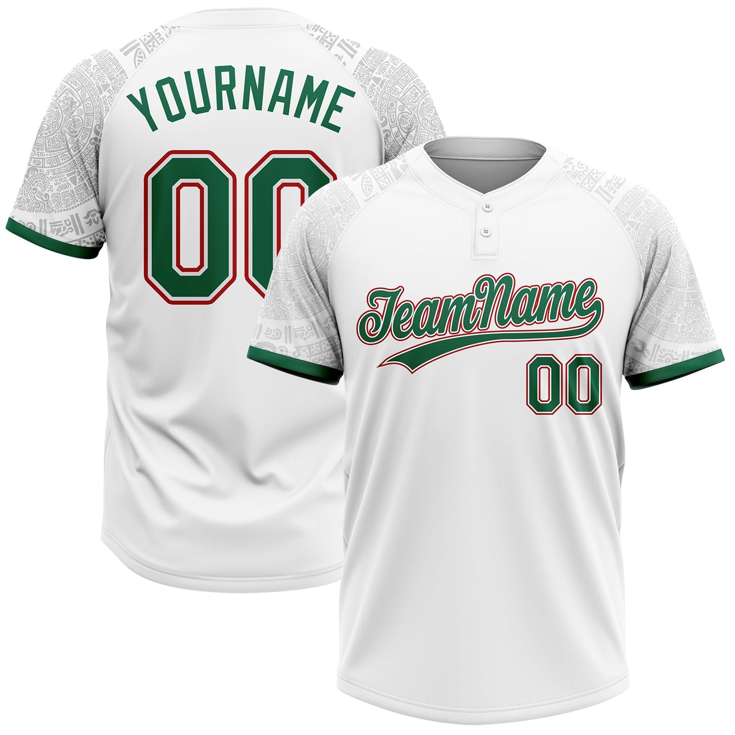 Custom White Kelly Green-Red Ethnic Aztec Mexican Heritage Two-Button Unisex Softball Jersey