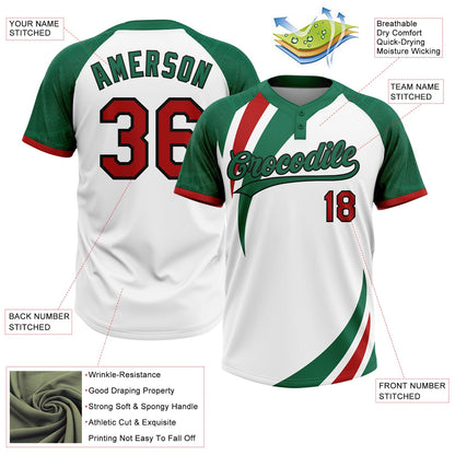 Custom White Red Kelly Green-Black Mexico Two-Button Unisex Softball Jersey