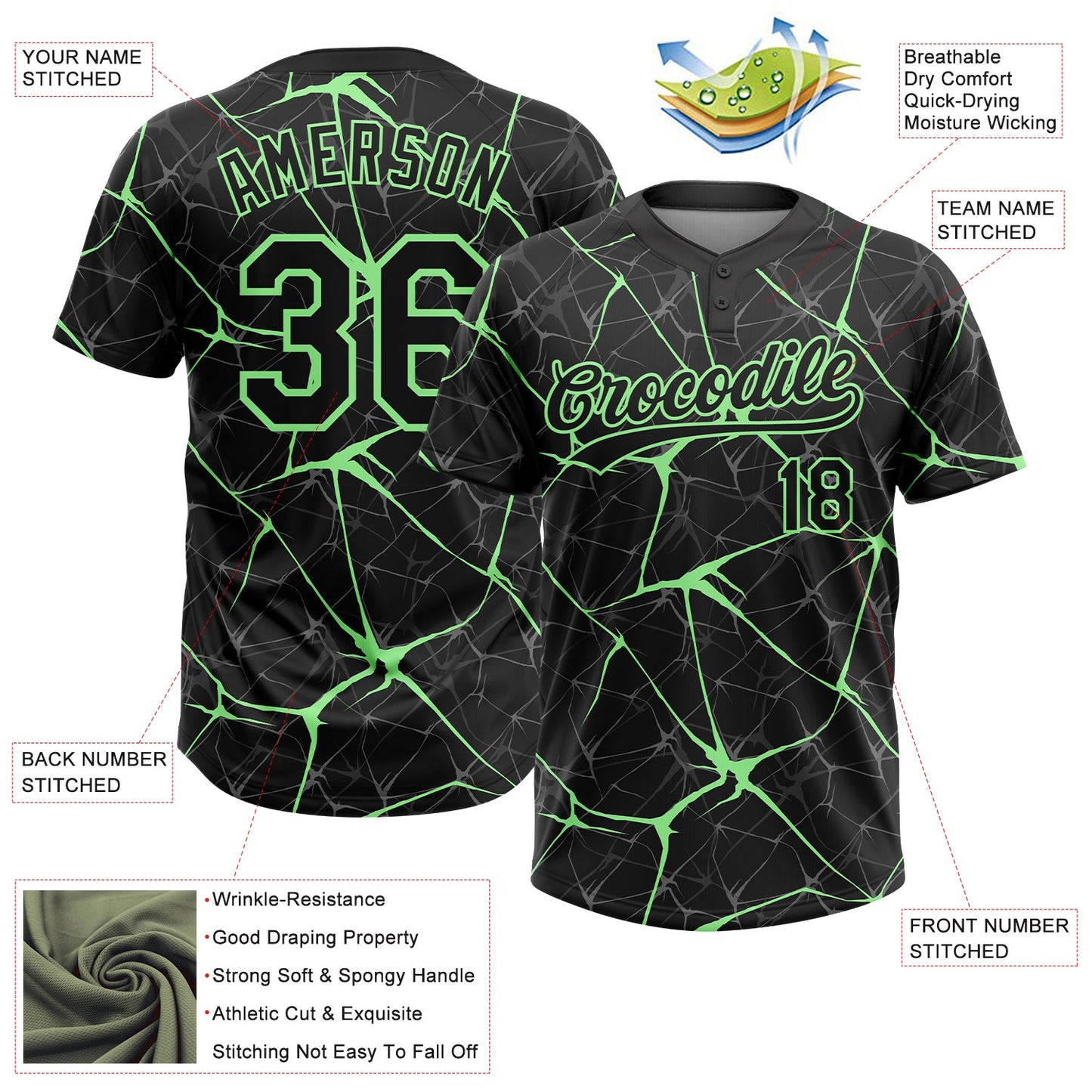 Custom Black Pea Green  Abstract Network Two-Button Unisex Softball Jersey