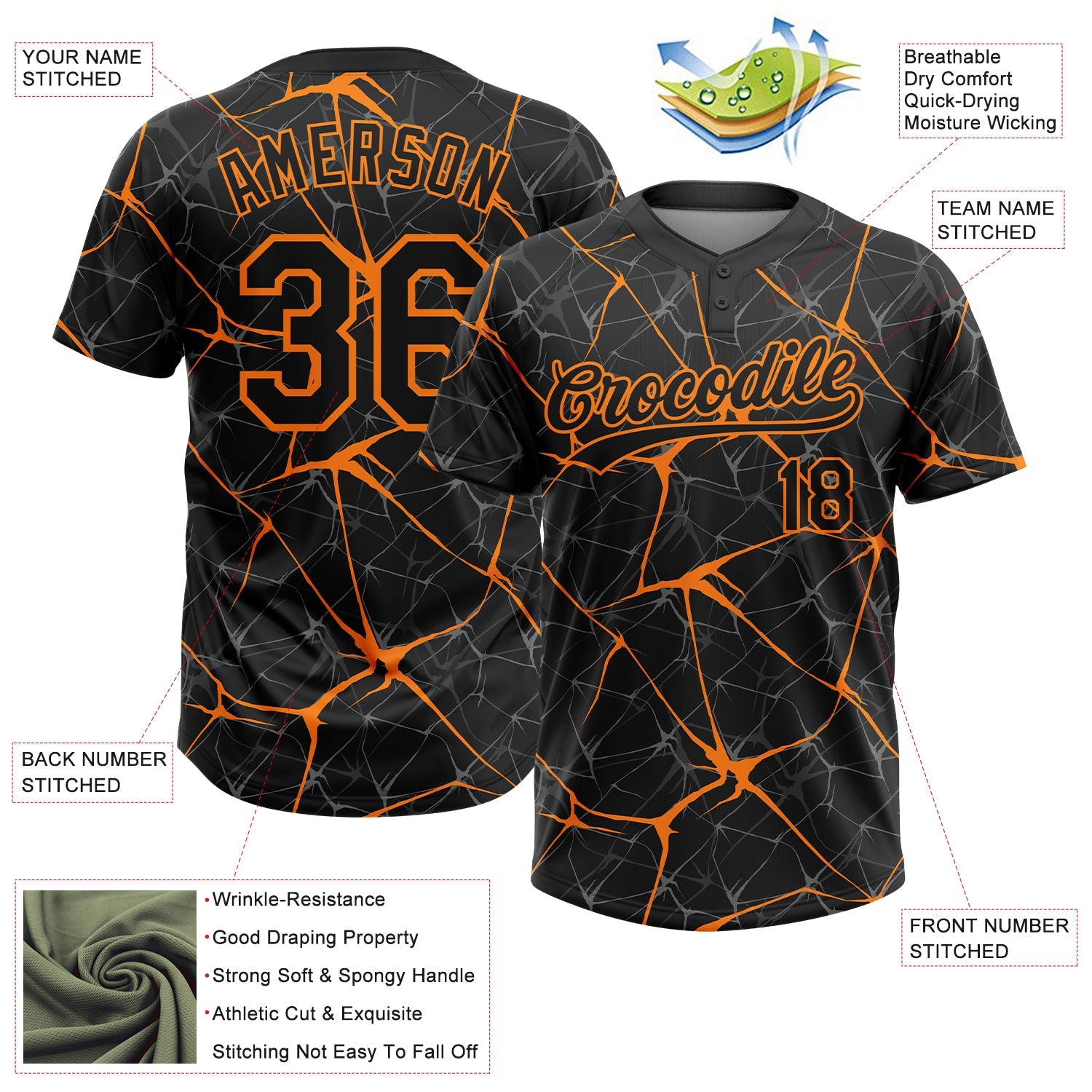 Custom Black Bay Orange  Abstract Network Two-Button Unisex Softball Jersey