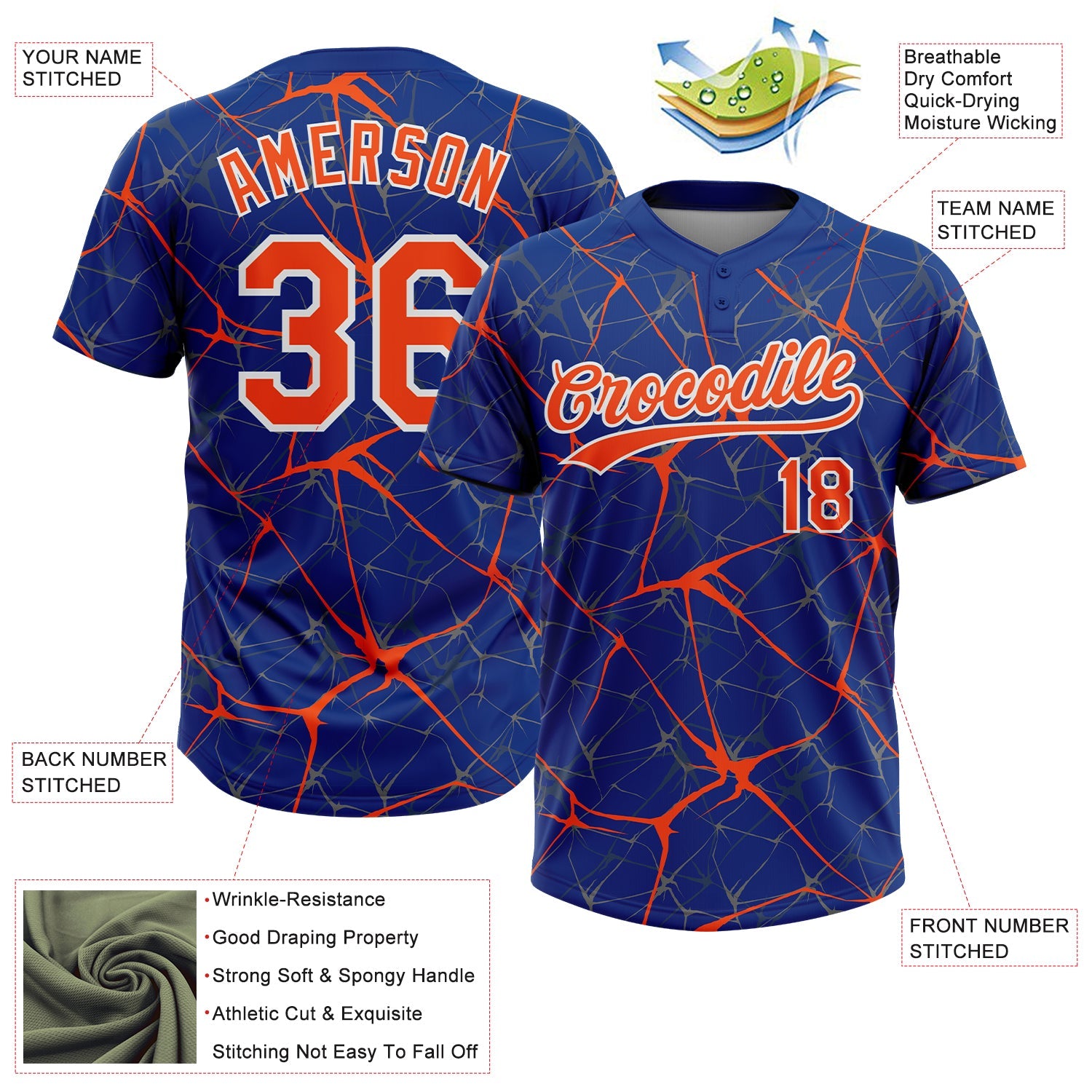 Custom Royal Orange-White  Abstract Network Two-Button Unisex Softball Jersey