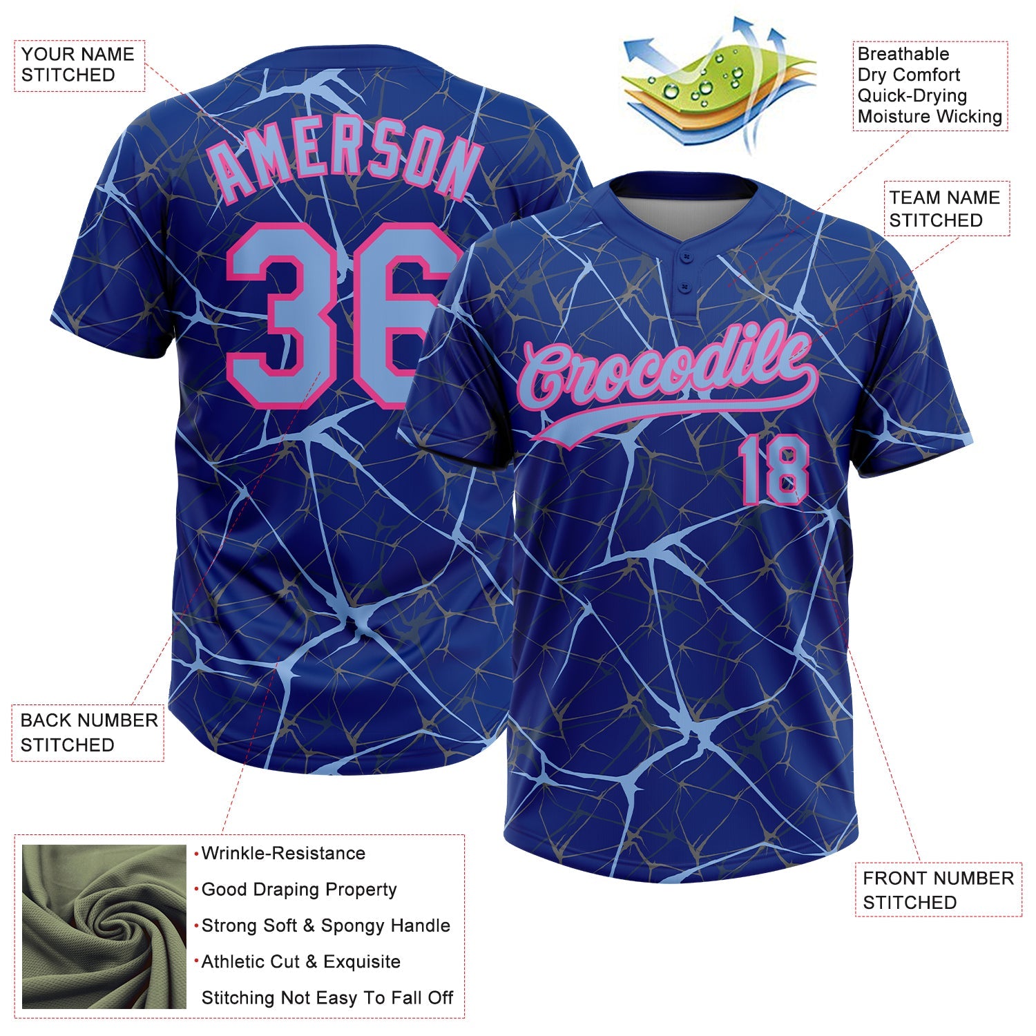 Custom Royal Light Blue-Pink  Abstract Network Two-Button Unisex Softball Jersey