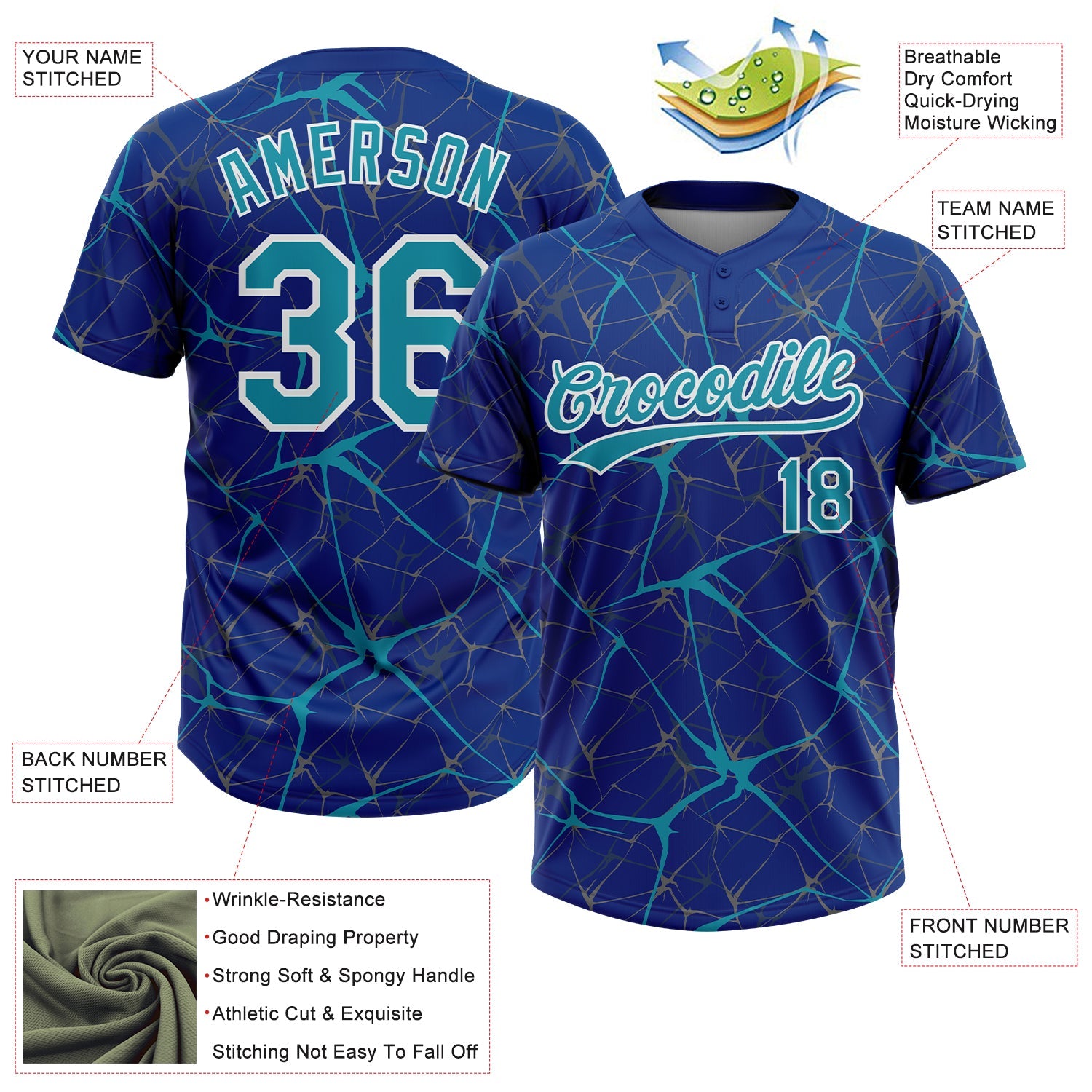 Custom Royal Teal-White  Abstract Network Two-Button Unisex Softball Jersey