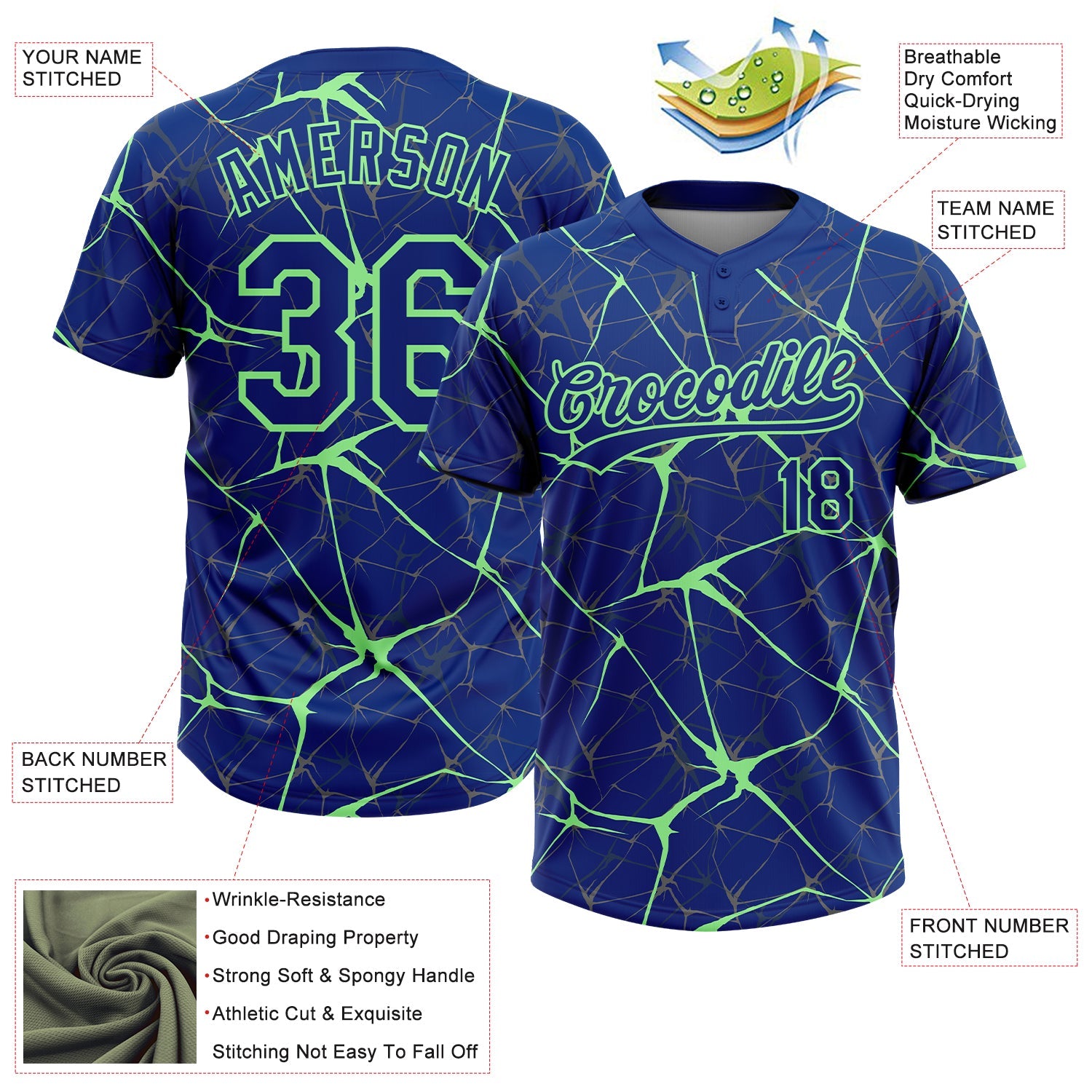 Custom Royal Pea Green  Abstract Network Two-Button Unisex Softball Jersey