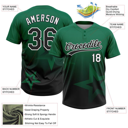 Custom Kelly Green Black-White Gradient Style Twinkle Star Two-Button Unisex Softball Jersey