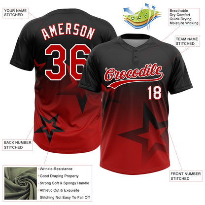 Custom Black Red-White Gradient Style Twinkle Star Two-Button Unisex Softball Jersey