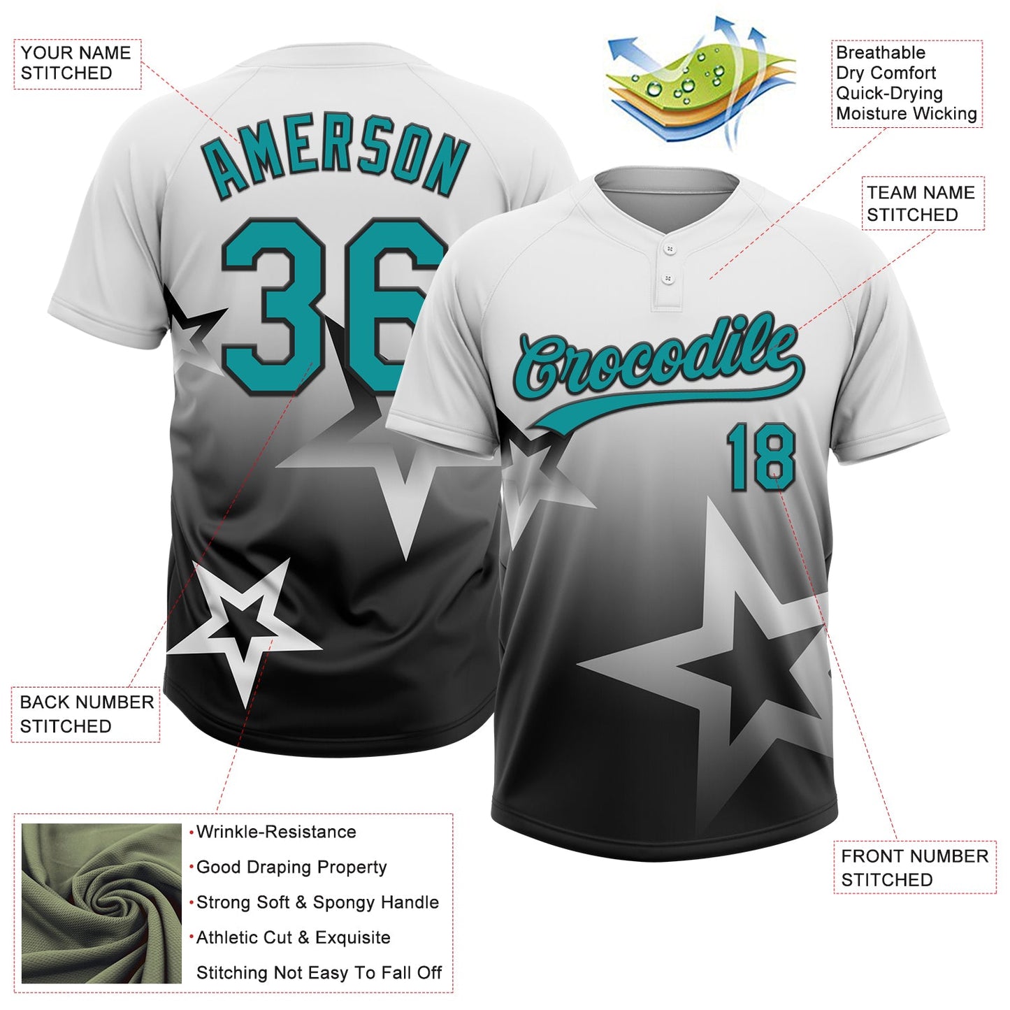 Custom White Teal-Black Gradient Style Twinkle Star Two-Button Unisex Softball Jersey