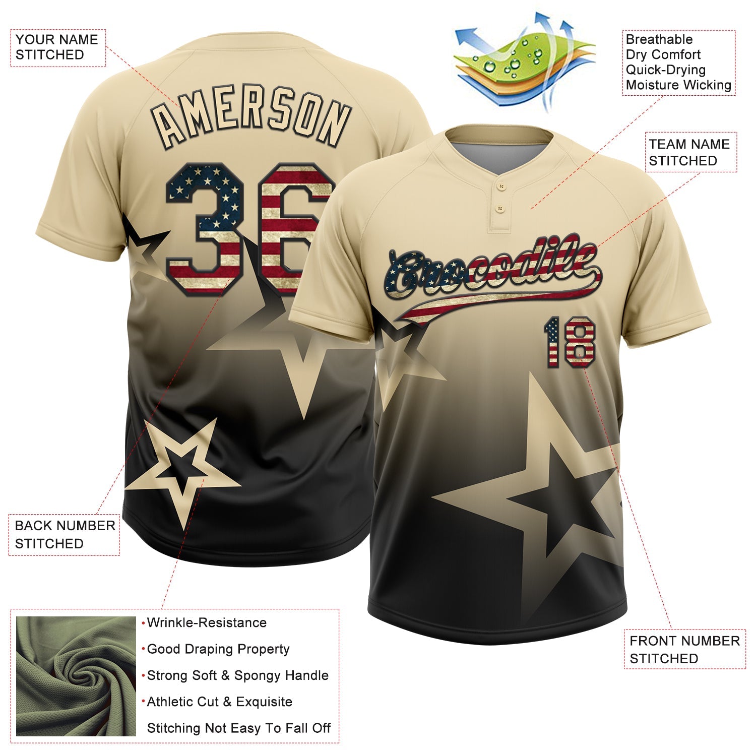 Custom Cream Vintage USA Flag-Black Gradient Style Twinkle Star Two-Button Unisex Softball Jersey