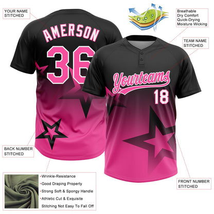 Custom Black Pink-White Gradient Style Twinkle Star Two-Button Unisex Softball Jersey