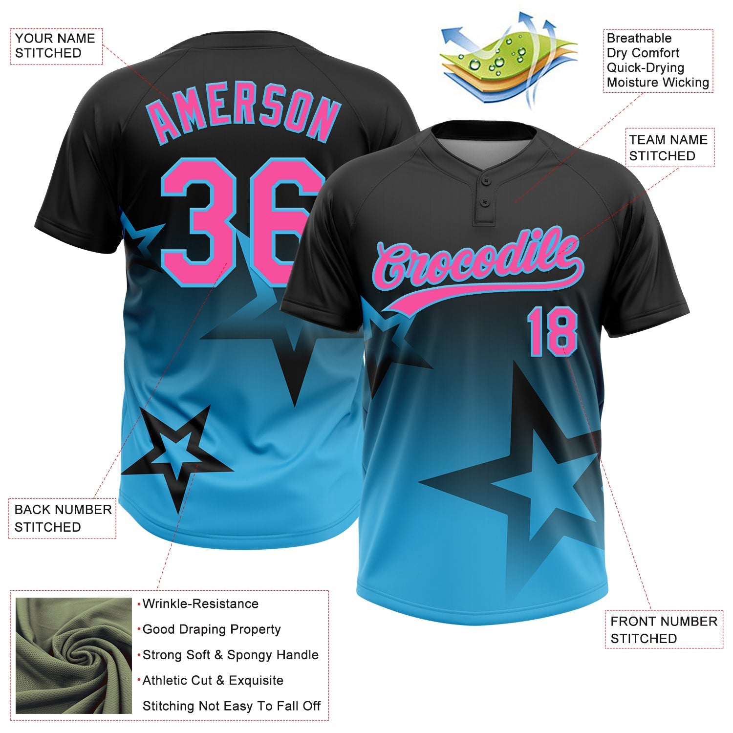 Custom Black Pink-Sky Blue Gradient Style Twinkle Star Two-Button Unisex Softball Jersey