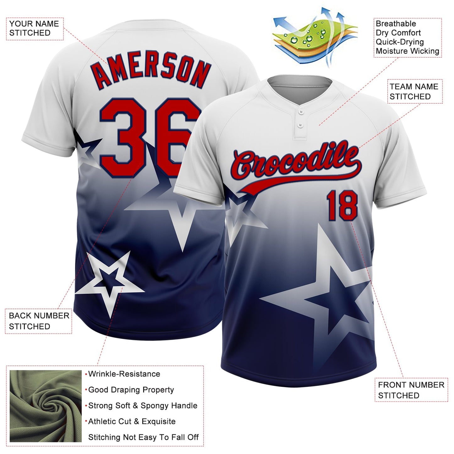 Custom White Red-Navy Gradient Style Twinkle Star Two-Button Unisex Softball Jersey
