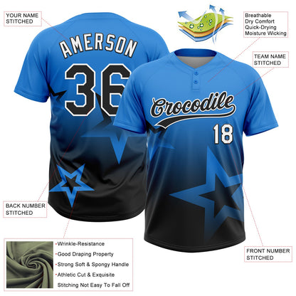 Custom Electric Blue Black-White Gradient Style Twinkle Star Two-Button Unisex Softball Jersey